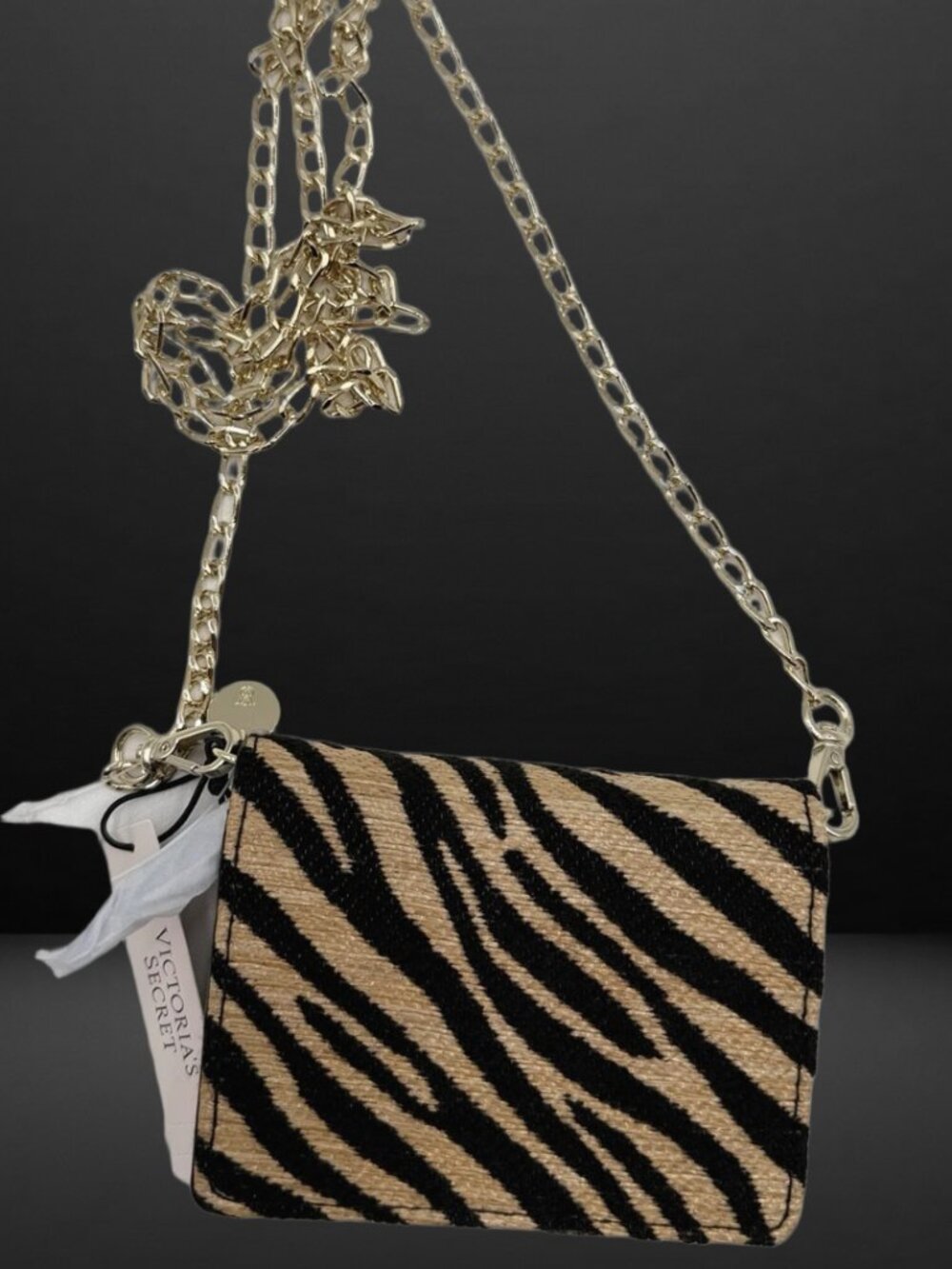 Convertible Chain Strap Wallet/Card Holder Black Zebra Straw NWT